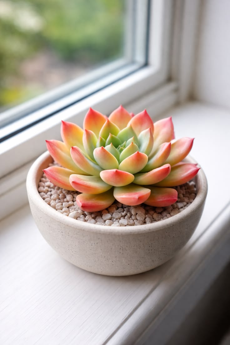 colorful succulent on a windowsill (easy light loving plant)