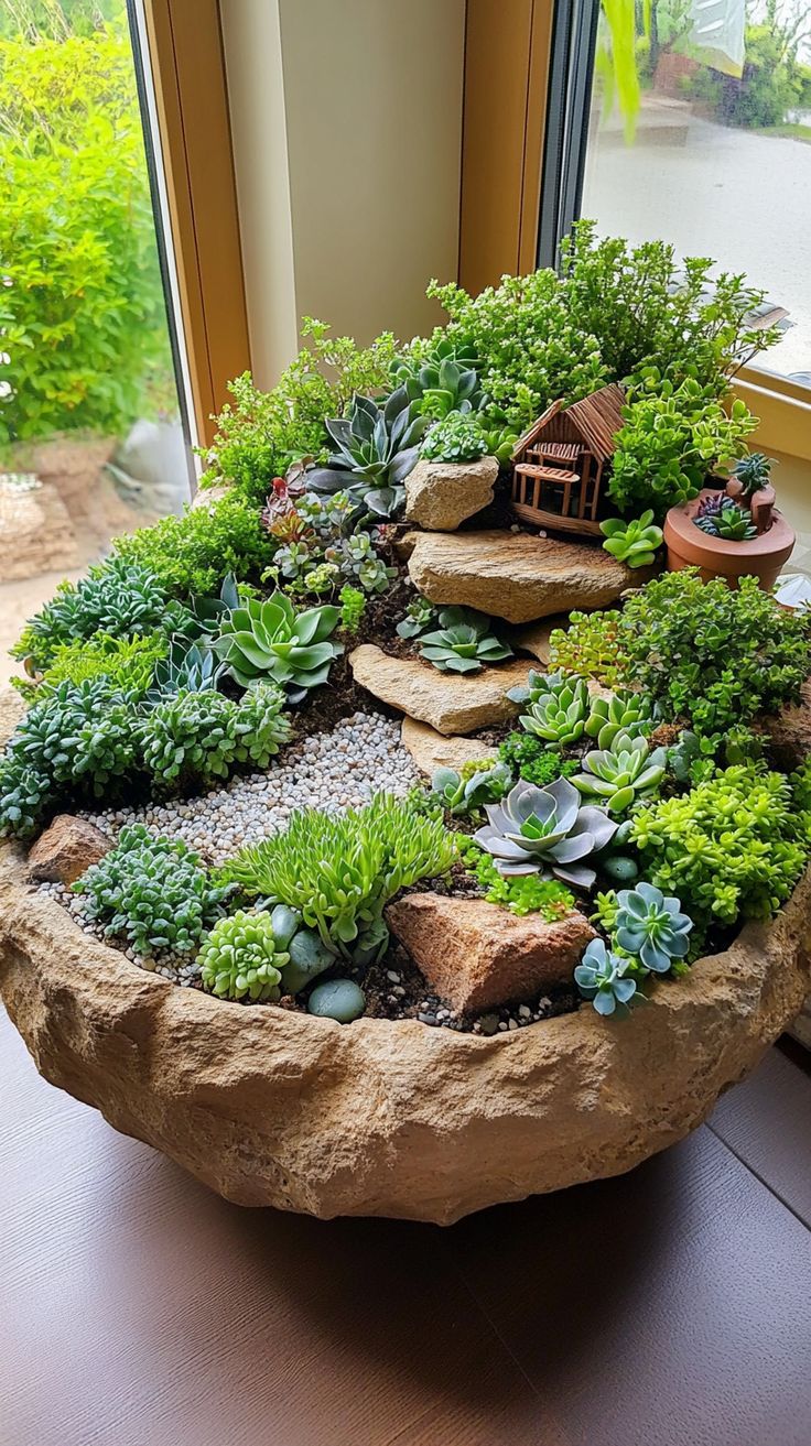 steingarten arrangement mit sukkulenten